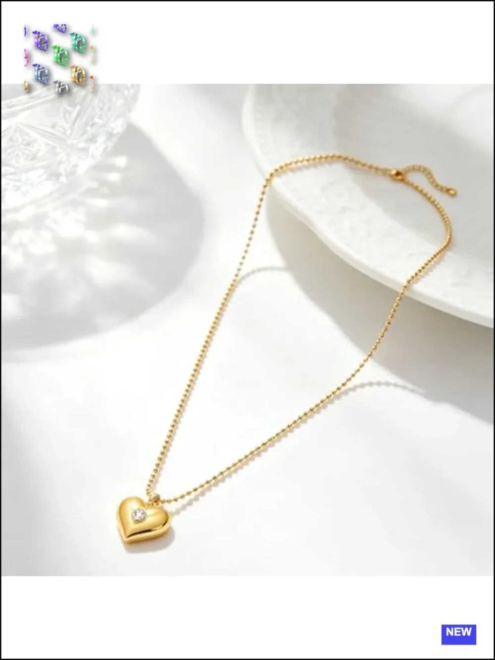 Long Gold Plated Heart Pendant Beaded Ball Chain Necklace 32 inches